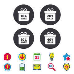 Sale gift box tag icons. Discount special offer symbols. 10%, 20%, 30% and 40% percent sale signs. Calendar, Information and Download signs. Stars, Award and Book icons. Light bulb, Shield and Search