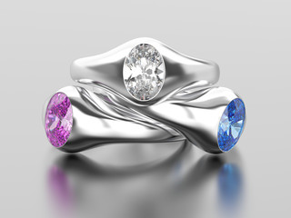 3D illustration three white gold or silver diamonds rings with pink blue white diamonds with reflection