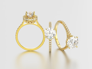3D illustration isolated three yellow gold rings with diamonds different view