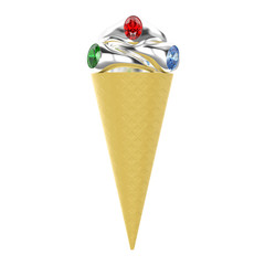 3D illustration isolated waffle ice cream with three silver rings with diamonds