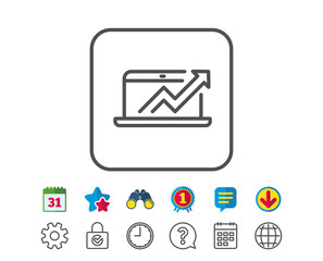 Data Analysis and Statistics line icon. Report graph or Chart sign. Computer data processing symbol. Calendar, Globe and Chat line signs. Binoculars, Award and Download icons. Editable stroke. Vector