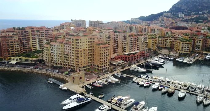 Port de Fontvieille in Monaco. Azur coast. Bay with a lot of luxury yachts