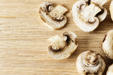 Forest mushrooms on wooden background