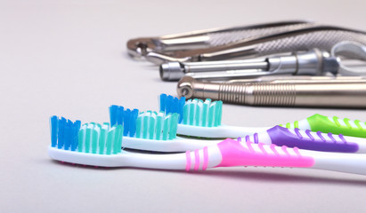 dental care toothbrush with dentist tools isolated on white background. Selective focus.
