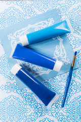 Blue, indigo, cobalt colours - home interieur design concept, on blue-white ornament