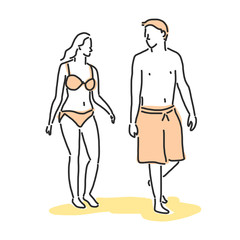 People on the beach. Walking. Summer Time. hand drawn. line drawing. vector illustration.