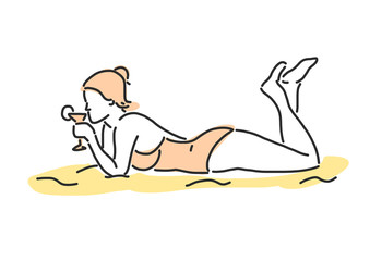 People on the beach. sunbathing and Drinking. Summer Time. hand drawn. line drawing. vector illustration.
