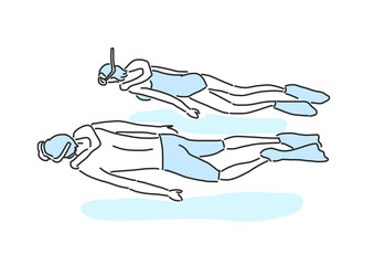 People on the beach. scuba diving. Summer Time. hand drawn. line drawing. vector illustration.