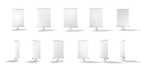 Set of Vertical Roll-up banner on a stand or an advertising banner. Different angles. Isolated on white background.