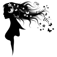 The beautiful girl with dispelled hair and butterflies. Spring symbol