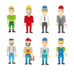 Construction workers in helmets and uniforms illustrations set