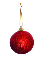 Red Christmas bauble, ball, with gold thread isolated on white.