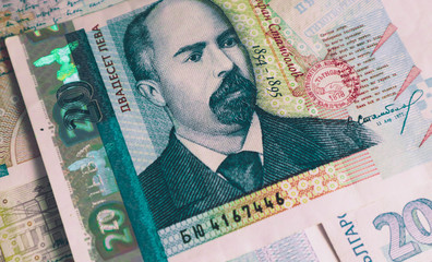 Photo depicts the Bulgarian currency banknote, 20 leva, BGN, close up. Depicts a portraiture of Stefan Stambolov, politician, journalist and revolutionist. - 166193004