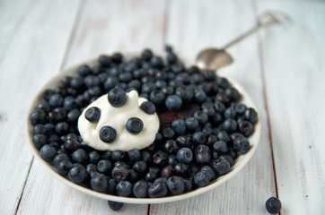 Tasty ripe blueberries with cream and spoon on plate on white wooden surface close up. Collection