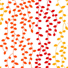 Colorful ivy vine autumn leaves, red orange, yellow on white. seamless pattern, vector