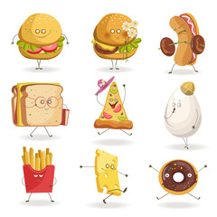 Cheerful fast food cartoon characters with human face expressions vector flat icons