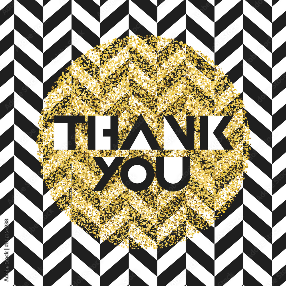 Poster thank you. invitation card design template. chevron black pattern and golden chaotic dots. vector in