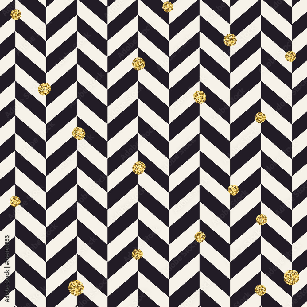 Poster Chevron black pattern and golden chaotic dots. Seamless pattern design background.