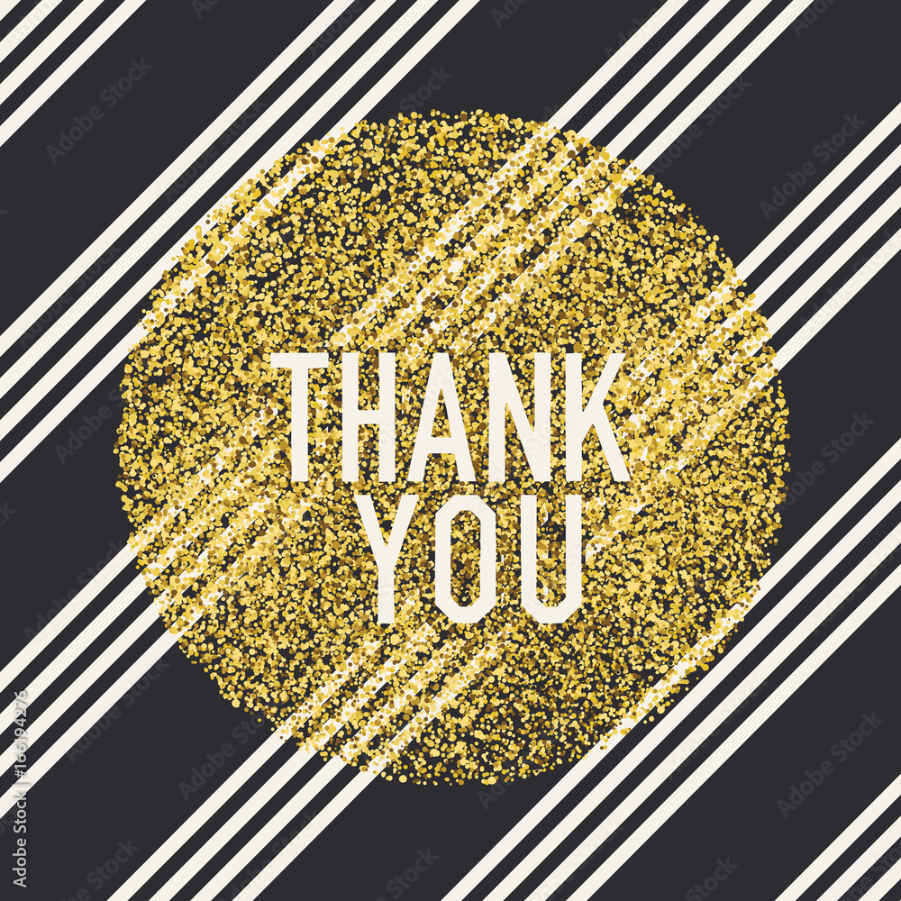 Poster Thank you. Invitation card design template. Diagonal lines pattern and golden chaotic dots circle shaped. Vector invitation design background.