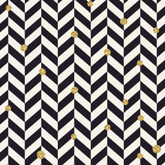 Chevron black pattern and golden chaotic dots. Seamless pattern design background.