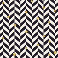 Obraz premium Chevron black pattern and golden chaotic dots. Seamless pattern design background.
