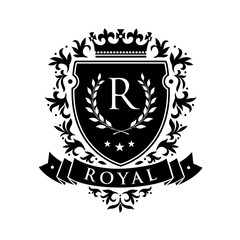 Royal. Heraldic emblem shield with crown and laurel wreath. Coat Arms Vintage Brand Crest Heraldic Emblem Shield. Vector illustration