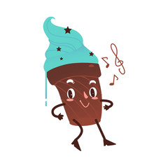 Vector sweet humanized chocolate cake with cream hair , character with arms and legs. Flat cartoon isolated illustration on a white background. Funny smiley dessert singing song