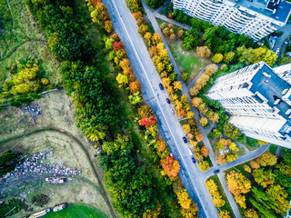 Aerial view - autumn city road from high