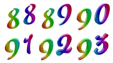 Eighty eight, Eighty nine, Ninety, Ninety one, Ninety two, Ninety three, 88, 89, 90, 91, 92, 93 Calligraphic 3D Rendered Digits, Numbers Colored With RGB Rainbow Gradient, Isolated On White