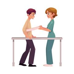 Medical rehabilitation, physical therapy, parallel bars, therapist working with patient, cartoon vector illustration on white background. Medical rehabilitation, physical therapy, parallel bars