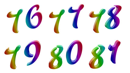 Seventy six, Seventy seven, Seventy eight, Seventy nine, Eighty, Eighty one, 76, 77, 78, 79, 80, 81 Calligraphic 3D Rendered Digits, Numbers Colored With RGB Rainbow Gradient, Isolated On White