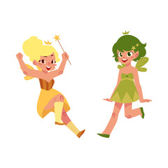 Vector fairy girl illustration on white background Two Cute cartoon smiling children with butterfly wings wearing queen crown isolated. Magic flying kid holding magic star wand. Design element