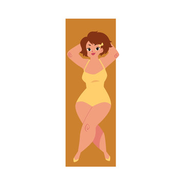 Pretty plump, plus size Caucasian curvy woman, girl in swimming suit, top view cartoon vector illustration isolated on white background. Top view portrait of pretty plump woman in swimming suit