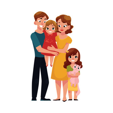 Parents, mom and dad, holding little daughter, loving family, cartoon vector illustration on white background. Full length portrait of little family, mother, father and daughter, hugging each other