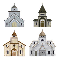 Church buildings set. Isolated elements on white background. Vintage vector illustration in watercolor style