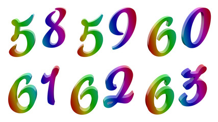 Fifty eight, Fifty nine, Sixty, Sixty one, Sixty two, Sixty three, 58, 59, 60, 61, 62, 63 Calligraphic 3D Rendered Digits, Numbers Colored With RGB Rainbow Gradient, Isolated On White Background