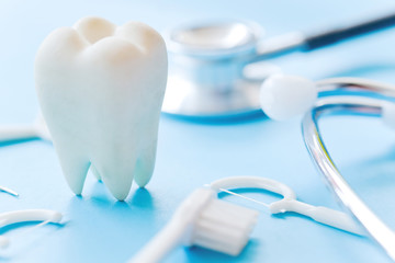 Dental model and dental equipment on blue background, concept image of dental background. dental...