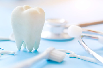 Dental model and dental equipment on blue background, concept image of dental background. dental...
