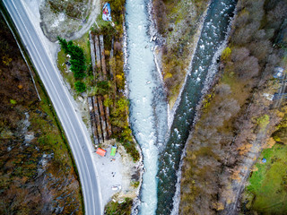 Astonishing Aragvi confluence near Zhinvali village, Georgia, top view