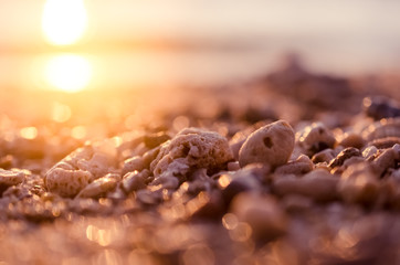 Blur tropical sunset beach with bokeh sun light sand abstract background.