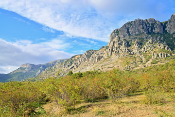 Sunny mountain landscape in the valley of ghosts in the vicinity of Alushta