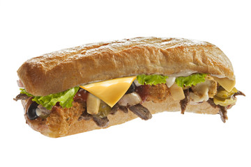 Mighty huge sub sandwich hoagie filled with veggies and meat