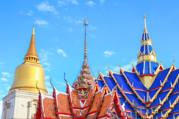 temple roof blue in bangkok, ancient beautiful thailand on sky background