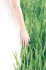 Hand of bride in grass soft colors