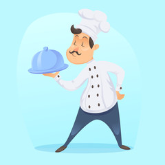 Vector - Illustration of proud funny Frenchman cartoon cook chef with silver serving tray
