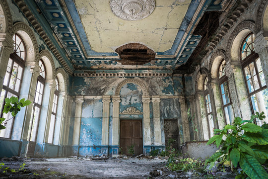 Old abandoned railway station after war. Gagra, Abkhazia