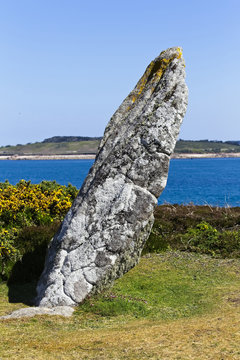 The Old Man of Gugh, standing stone, Gugh, Isles of Scilly, Cornwall, England, UK.