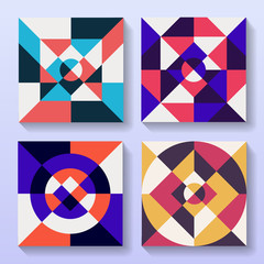 Set of flat geometric cards retro design. Collection of vintage illustrations for brochure or album cover.