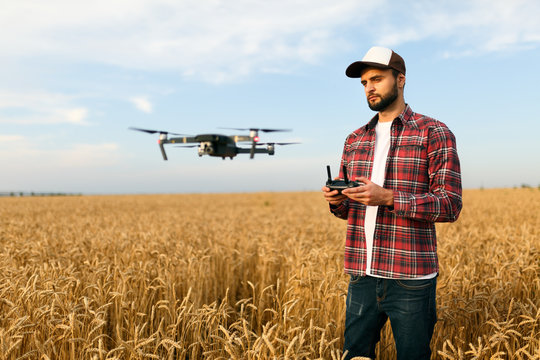 Compact drone hovers in front of farmer with remote controller in his hands. Quadcopter flies near pilot. Agronomist taking aerial photos and videos in a wheat field