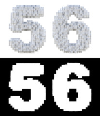 3D Rendering, White volumetric pixel alphabet with alpha mask. An array of voxels from the front,...